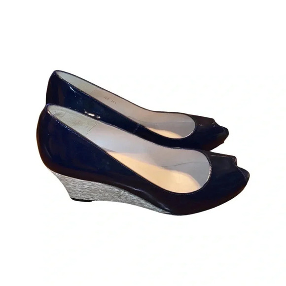 LK Bennett Navy Blue Edee Patent Leather Peep Toe Wedges Size 39.5 - Picture 1 of 7